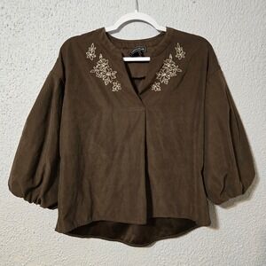 French Bazaar Floral Embroidered Balloon Sleeve Top M Brown Cottagecore Peasant